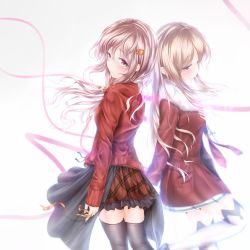 Rule 34 | 10s, 2girls, black legwear, boots, brown hair, coat, cross, flower, frills, from behind, fur trim, guilty crown, hair flower, hair ornament, hairclip, hand on own chest, highres, jacket, jewelry, long hair, looking at viewer, looking back, low twintails, multiple girls, necklace, ouma mana, pink eyes, pink hair, plaid, plaid skirt, ribbon, skirt, spoilers, thigh boots, thighhighs, twintails, white legwear, wingheart, winter clothes, yuzuriha inori