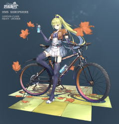Rule 34 | 1girl, absurdres, alternate costume, autumn leaves, azur lane, bad id, bad pixiv id, belt, bicycle, blue footwear, blue gloves, blue thighhighs, blunt bangs, boots, bottle, cropped jacket, elbow gloves, english text, falling leaves, full body, garter straps, gloves, green hair, highres, holding, holding bottle, leaf, leaning back, long hair, looking at viewer, mjm9959, pleated skirt, ponytail, shropshire (azur lane), sidelocks, skirt, solo, standing, thigh boots, thighhighs, tile floor, tiles, very long hair, yellow eyes