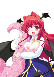 Rule 34 | 1girl, ;d, bad id, bad pixiv id, bat wings, blush, breasts, consensual tentacles, demon tail, embodiment of scarlet devil, female focus, head wings, hug, koakuma, large breasts, long hair, naitou satoshi, nipples, one eye closed, open mouth, red eyes, red hair, simple background, smile, solo, tail, tentacles, touhou, white background, wings, wink