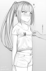 Rule 34 | !?, ^^^, 1girl, 1other, alternate costume, anniversary, blush, breasts, casual, clothes writing, commentary, cowboy shot, dated, greyscale, highres, kantai collection, kanzaki muyu, kasumi (destroyer), kasumi (kancolle), long hair, monochrome, navel, no bra, nose blush, pinching, shirt, shorts, side ponytail, small breasts, standing, t-shirt, translated