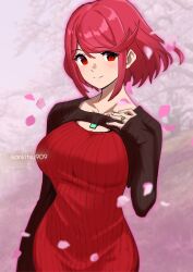 Rule 34 | absurdres, artist name, black sleeves, blurry, blurry background, blurry foreground, breasts, chest jewel, collarbone, cowboy shot, dress, falling petals, highres, jewelry, karian909, large breasts, looking at viewer, petals, pyra (xenoblade), red dress, red eyes, red hair, ring, short hair, sweater, sweater dress, xenoblade chronicles (series), xenoblade chronicles 2