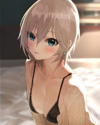 Rule 34 | 1girl, anastasia (idolmaster), applepie (12711019), aqua eyes, black bra, blurry, blush, bra, breasts, cleavage, collarbone, depth of field, earrings, grey hair, hair between eyes, highres, idolmaster, idolmaster cinderella girls, jewelry, leaning forward, looking at viewer, open clothes, open mouth, open shirt, short hair, smile, solo, underwear, upper body