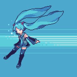 Rule 34 | 1girl, abstract background, aqua hair, aqua necktie, black sleeves, blue background, closed eyes, detached sleeves, hair ornament, hatsune miku, long hair, lowres, naname (fossama1), necktie, pixel art, solo, tearing up, thighhighs, twintails, very long hair, vocaloid