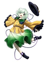 Rule 34 | 1girl, black socks, blush stickers, buttons, collared shirt, frilled shirt, frilled shirt collar, frilled sleeves, frills, full body, green eyes, green hair, green skirt, hat, unworn hat, unworn headwear, heart, heart of string, highres, komeiji koishi, long sleeves, looking at viewer, medium hair, official style, open mouth, parasite oyatsu, shirt, simple background, skirt, smile, socks, solo, third eye, touhou, transparent background, wide sleeves, yellow shirt, zun (style)