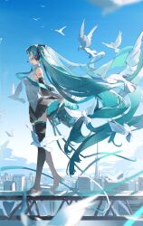 Rule 34 | 1girl, absurdly long hair, arms behind back, bird, black thighhighs, city, from side, green hair, hatsune miku, heqing, highres, long hair, necktie, solo, thighhighs, very long hair, vocaloid, walking