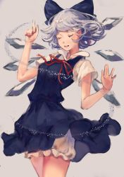 Rule 34 | 1girl, bad id, bad twitter id, blue dress, blue hair, blue ribbon, bow, cirno, closed eyes, dress, hair bow, highres, ice, ice wings, open mouth, red bow, red ribbon, ribbon, short hair, short sleeves, simple background, smile, solo, thighs, touhou, wing collar, wings, yuusei tsukiro