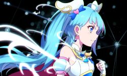 Rule 34 | 1girl, ahoge, asymmetrical clothes, blue cape, blue eyes, blue hair, cape, clenched hand, commentary request, cure sky, dark background, detached sleeves, dress, earrings, eyelashes, gloves, gradient hair, hair ornament, hirogaru sky! precure, jewelry, kyoutsuugengo, long hair, looking to the side, magical girl, multicolored hair, pink hair, precure, puffy sleeves, serious, simple background, solo, sora harewataru, standing, streaked hair, twintails, white gloves, wing hair ornament