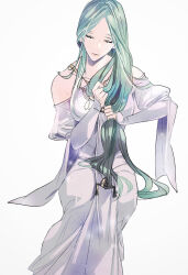 Rule 34 | 1girl, bare shoulders, breasts, closed eyes, collarbone, dress, fire emblem, fire emblem: three houses, grabbing own hair, green hair, holding, holding own hair, large breasts, long hair, nintendo, rhea (fire emblem), sitting, solo, tsukimura noe, very long hair, white background, white dress