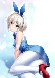 Rule 34 | 1girl, anastasia (idolmaster), animal ears, aqua eyes, arm support, ass, bare shoulders, blue bow, blue bowtie, blue leotard, blush, bow, bowtie, commentary request, curvy, fake animal ears, grey hair, hair between eyes, hairband, high heels, idolmaster, idolmaster cinderella girls, idolmaster cinderella girls starlight stage, knees together feet apart, leotard, looking at viewer, lying, on side, pantyhose, parted lips, playboy bunny, rabbit ears, red footwear, short hair, sitting, solo, thighs, white pantyhose, zen (kamuro)