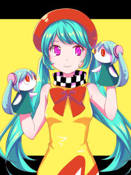 Rule 34 | 1girl, aira (exp), black background, blue hair, bow, bowtie, checkered bow, checkered bowtie, checkered clothes, checkered neckwear, dress, floating hair, hat, hatsune miku, highres, long hair, looking to the side, pink eyes, red bow, red bowtie, red hat, sleeveless, sleeveless dress, smile, solo, swept bangs, twintails, two-tone background, upper body, very long hair, vocaloid, yellow background, yellow dress
