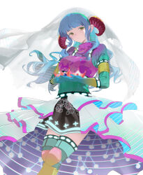 Rule 34 | 1girl, absurdres, aqua hair, armor, armored boots, backlighting, black skirt, blunt bangs, boots, breastplate, cape, colored eyelashes, cowboy shot, crown, double horizontal stripe, expressionless, futaba sana, glitch, gloves, gradient gloves, gradient sweater, green sweater, green thighhighs, hair down, half-closed eyes, highres, holding, holding crown, horns, jewelry, kamanberu sando, knee pads, long hair, looking at viewer, magia record: mahou shoujo madoka magica gaiden, mahou shoujo madoka magica, necklace, parted lips, pink sweater, pixel crown, pixelated, ribbed sweater, ribbed thighhighs, sheep horns, sidelocks, simple background, skirt, solo, striped cape, sweater, thighhighs, turtleneck, turtleneck sweater, two-sided cape, two-sided fabric, two-tone sweater, uwasa no sana, veil, waist cape, wavy hair, white background, white veil, yellow eyes, zettai ryouiki