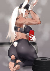 Rule 34 | 1girl, absurdres, animal ears, arm up, bare shoulders, baseball cap, bench, black hat, black pants, black sports bra, blush, boku no hero academia, breasts, cellphone, clothing cutout, dark-skinned female, dark skin, feet, from behind, full body, furrowed brow, gloves, grey background, hair through headwear, hand up, hat, highres, holding, holding phone, kikimifukuri, large breasts, light soles, long eyelashes, long hair, mirko, muscular, muscular female, no shoes, pants, phone, rabbit ears, rabbit girl, rabbit pose, rabbit tail, red eyes, seiza, selfie, sitting, smartphone, smile, soles, solo, sports bra, steaming body, stirrup legwear, sweat, tail, tail through clothes, thick thighs, thighs, tight clothes, tight pants, toeless legwear, toenails, toes, toned, weights, white gloves, white hair