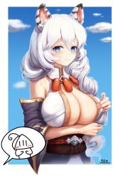 Rule 34 | 1girl, absurdres, animal ears, artist name, bare shoulders, blue sky, blush, breasts, cleavage, clothing cutout, druid kanna, guardian tales, hand on own chest, highres, huge breasts, long hair, looking at viewer, seo (tqhgud016), sky, smile, solo, speech bubble, tiger ears, tiger girl, upper body, white hair