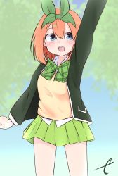 Rule 34 | 1girl, :d, arm up, black jacket, blue eyes, blurry, blurry background, blush, bow, breasts, collared shirt, commentary request, depth of field, eyebrows hidden by hair, female focus, go-toubun no hanayome, green bow, green ribbon, green skirt, hair between eyes, hair ribbon, highres, jacket, kujou karasuma, long sleeves, looking at viewer, medium breasts, nakano yotsuba, open clothes, open jacket, open mouth, orange hair, outdoors, pleated skirt, ribbon, shirt, signature, skirt, smile, solo, standing, sweater vest, teeth, upper teeth only, white shirt