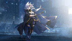 Rule 34 | 1girl, absurdres, animal ears, ashisi, bad id, bad pixiv id, black hairband, blue eyes, building, city, cityscape, fingerless gloves, gloves, hairband, highres, holding, holding sword, holding weapon, katana, long hair, original, scabbard, scenery, sheath, sheathed, silver hair, solo, sword, thighhighs, very wide shot, weapon