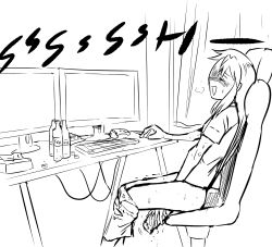 Rule 34 | 1girl, absurdres, bag, biku, blush, bottle, breasts, breath, chair, chips (food), closed eyes, clothes pull, computer, curtains, food, highres, holding, keyboard (computer), long hair, mole, mole under eye, monochrome, mouse (computer), open mouth, panties, panty pull, peeing, peeing in bottle, potato chips, print panties, relief, shirt, short sleeves, shorts, shorts pull, sitting, small breasts, smile, soda bottle, star (symbol), star print, sweat, tissue, tissue box, trembling, underwear