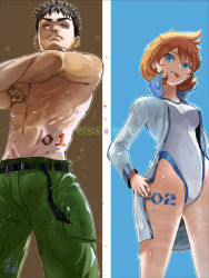 Rule 34 | 1boy, 1girl, abs, belt, bob cut, breasts, brock (pokemon), brown hair, closed eyes, copyright name, cowboy shot, creatures (company), crossed arms, frown, game freak, green eyes, green pants, highres, jacket, leg tattoo, legs, misty (pokemon), muscular, nintendo, one-piece swimsuit, open mouth, orange hair, pants, pokemon, pokemon hgss, pokemon masters ex, popped collar, simple background, smile, solo, spread legs, standing, stomach tattoo, swimsuit, tattoo, tongue, tongue out, topless male, water drop, white one-piece swimsuit, yoruniyoruyoshi
