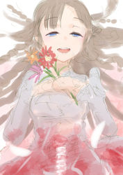 Rule 34 | 1girl, blood, blue eyes, blush, brown hair, cluseller, dress, female focus, flower, from above, grey dress, half-closed eyes, hands on own chest, hands up, happy, holding, holding flower, light blush, long hair, long sleeves, lying, on back, open mouth, orange flower, original, own hands together, petals, pink flower, red flower, simple background, sketch, smile, solo, spine, teeth, transparent, white background