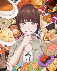 Rule 34 | 1girl, arms under breasts, black bow, bow, breast pocket, brown eyes, brown hair, brown shirt, burger, chopsticks, commentary, food, fried rice, grimace, hamburger steak, hand on own chin, hand on own elbow, highres, looking at viewer, meal, noodles, omelet, overshirt, parted lips, pasta, plate, pocket, ramen, rice, roe, sauce, shirt, shirt bow, short hair, shrimp, soba, solo, sushi, tamagoyaki, tonkatsu, udon, white shirt, worried, yajirushi (chanoma)