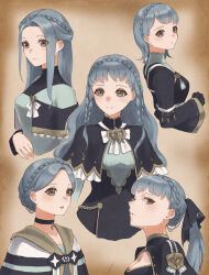 Rule 34 | 5girls, absurdres, alternate costume, alternate hair length, alternate hairstyle, black dress, black ribbon, blue dress, blue hair, blush, braid, brown eyes, capelet, closed mouth, collarbone, commentary request, cropped torso, crown braid, dress, fire emblem, fire emblem: three houses, fire emblem warriors: three hopes, forehead, hair ribbon, highres, long hair, looking at viewer, looking away, marianne von edmund, miran (olivine 20), multiple girls, multiple persona, nintendo, official alternate costume, official alternate hairstyle, ponytail, ribbon, short hair, sidelocks, smile, two-tone dress