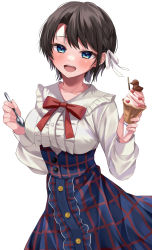 Rule 34 | 1girl, :d, blue eyes, blue skirt, blush, breasts, brown hair, food, frilled shirt, frills, hair ribbon, high-waist skirt, highres, holding, holding food, holding spoon, hololive, ice cream, ice cream cone, large breasts, long sleeves, looking at viewer, moonbell, oozora subaru, oozora subaru (casual), open mouth, plaid, plaid skirt, ribbon, shirt, short hair, simple background, skirt, smile, solo, spoon, virtual youtuber, white background, white ribbon, white shirt