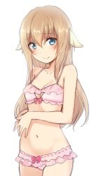 Rule 34 | 1girl, animal ears, bare arms, bare shoulders, bikini, blue eyes, blush, bow, bow bikini, breasts, cleavage, closed mouth, collarbone, copyright request, cowboy shot, hair between eyes, light brown hair, long hair, nagami yuu, navel, pink bikini, simple background, small breasts, smile, solo, swimsuit, very long hair, white background
