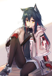Rule 34 | 1girl, animal ears, arknights, black footwear, black hair, black pantyhose, black shirt, blurry, breasts, cigarette, closed mouth, commentary, cross-laced footwear, depth of field, english commentary, expressionless, fur-trimmed jacket, fur trim, gloves, hair between eyes, hand on own knee, highres, jacket, jewelry, knee up, pantyhose under shorts, long hair, looking at viewer, multicolored hair, name tag, necklace, official alternate costume, open clothes, open jacket, pantyhose, red gloves, red hair, shirt, shoes, short shorts, shorts, shuuzo3, simple background, sitting, small breasts, smoking, sneakers, solo, streaked hair, texas (arknights), texas (winter messenger) (arknights), two-tone hair, white background, white jacket, white shorts, wolf ears, yellow eyes