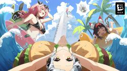 1boy 3girls anby_demara billy_kid black_ribbon breasts commentary english_commentary green_eyes grey_hair hair_ornament hair_ribbon hairclip headphones highres jacket large_breasts long_hair mole mole_on_breast multiple_girls navel nekomiya_mana nicole_demara official_art pink_hair pool pool_ladder ribbon second-party_source short_hair small_breasts thighhighs two_side_up underboob upside-down water wet zenless_zone_zero