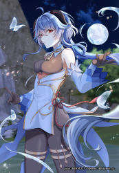 Rule 34 | 1girl, 723/nanahumi, ahoge, bad id, bad pixiv id, bare shoulders, bell, blue hair, breasts, bug, butterfly, cowbell, detached sleeves, ganyu (genshin impact), genshin impact, gloves, half-closed eyes, insect, long sleeves, looking at viewer, night, red eyes, solo, standing, watermark