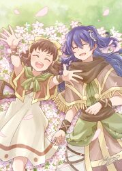 2girls :d ^_^ blue_hair brown_capelet brown_hair capelet cherry_blossoms closed_eyes falling_petals from_above hair_between_eyes happy highres long_hair lying maya_(ys) medium_hair mishiro_(andante) multiple_girls on_back on_grass open_mouth outstretched_arms petals signature smile teeth tia_(ys) upper_teeth_only ys ys_seven