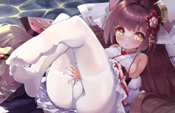 Rule 34 | 1girl, animal ears, azur lane, blush, bow, breasts, brown hair, commentary request, detached sleeves, foot focus, foreshortening, hair bow, harutsuki (a dance for the coming spring) (azur lane), harutsuki (azur lane), highres, legs up, long hair, no shoes, nyahu (nyahu 77), open mouth, pantyhose, small breasts, soles, solo, water, white pantyhose, yellow eyes