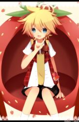 Rule 34 | 1boy, black shorts, blonde hair, blue eyes, bow, brown bow, chair, collared shirt, crown, food, fruit, happy, highres, kagamine len, male focus, meranoreuka (naokentak), messy hair, mini crown, neck ribbon, open mouth, patterned background, plaid, pointing, pointing up, prince, red bow, ribbon, shirt, short hair, short sleeves, shorts, sitting, smile, socks, solo, strawberry, strawberry princess (vocaloid), sweater vest, vest, vocaloid, white shirt, white socks