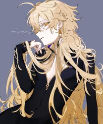 Rule 34 | 1boy, aether (genshin impact), ahoge, androgynous, bishounen, black dress, blonde hair, crossdressing, dress, earrings, facing to the side, genshin impact, grey background, hair down, hand in own hair, highres, jewelry, liiill gerohaku, long hair, looking at viewer, male focus, parted lips, solo, yellow eyes
