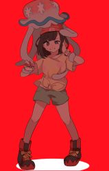 Rule 34 | 1girl, @ @, beanie, bracelet, commentary, creatures (company), floral print, game freak, gen 7 pokemon, green shorts, hat, jewelry, knees, nihilego, nintendo, on head, pigeon-toed, pokemon, pokemon (creature), pokemon on head, pokemon sm, red headwear, selene (pokemon), shirt, short shorts, short sleeves, shorts, smile, standing, sweat, t-shirt, tied shirt, ultra beast, whitecrow9522