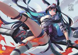 Rule 34 | 1girl, animal ear fluff, animal ears, arknights, black hair, blaze (arknights), blue eyes, breasts, cat ears, chainsaw, character name, commentary request, covered erect nipples, elbow pads, elite ii (arknights), fire, floating hair, gloves, grin, hairband, hand guard, headset, holding, holding weapon, jacket, knee pads, large breasts, leg up, long hair, looking at viewer, multiple straps, open clothes, open jacket, popped collar, pouch, sidelocks, sima naoteng, single thighhigh, skirt, smile, solo, thigh strap, thighhighs, very long hair, weapon, white jacket, wind
