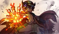Rule 34 | 1boy, arm cannon, brown hair, cape, child, facial mark, fake horns, fang, firing, green shorts, hair between eyes, helmet, highres, hioko chi, horned headwear, horned helmet, horns, looking at viewer, made in abyss, male focus, mechanical arms, mechanical hands, mechanical legs, multicolored clothes, multicolored shorts, navel, nipples, open mouth, pants, pointy ears, purple shorts, red cape, regu (made in abyss), robot, sharp teeth, shorts, smoke, solo, standing, teeth, topless male, two-tone pants, upper teeth only, v-shaped eyebrows, weapon, yellow eyes
