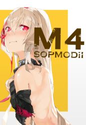 Rule 34 | 1girl, armband, blush, character name, closed mouth, damaged, from side, girls&#039; frontline, hair between eyes, hands on own chest, highres, long hair, looking at viewer, looking back, m4 sopmod ii (girls&#039; frontline), multicolored hair, outside border, pink hair, red eyes, red hair, rocco, scarf, sidelocks, solo, streaked hair, tearing up, torn clothes, wavy mouth