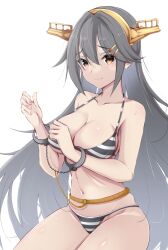Rule 34 | 1girl, absurdres, bikini, breasts, brown eyes, cleavage, commentary request, commission, cuffs, grey hair, hair ornament, hairband, hairclip, handcuffs, haruna (kancolle), highres, honma (honmatomohiro), kantai collection, large breasts, long hair, looking at viewer, saliva, simple background, skeb commission, solo, striped bikini, striped clothes, swimsuit, white background