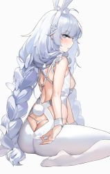 Rule 34 | 1girl, absurdres, animal ears, ass, azur lane, blue eyes, braid, breasts, butterfly hair ornament, commentary request, from behind, hair ornament, hairband, highres, le malin (azur lane), le malin (listless lapin) (azur lane), long hair, looking at viewer, looking back, mo:oku, no shoes, official alternate costume, panties, pantyhose, profile, sideboob, simple background, sitting, small breasts, solo, thong, twin braids, underwear, very long hair, wariza, whale tail (clothing), white background, white hairband, white panties, white pantyhose