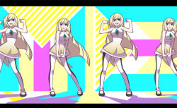 Rule 34 | 1girl, bare arms, bare shoulders, black leggings, blonde hair, creatures (company), crystal, dancing, dress, game freak, green eyes, high heels, leggings, letterboxed, long hair, lusamine (pokemon), mary cagle, mature female, me!me!me!, multicolored clothes, multicolored dress, nintendo, open mouth, parody, pointing, pointing at self, pokemon, pokemon sm, short dress, sleeveless, sleeveless dress, smile, solo, very long hair, white leggings