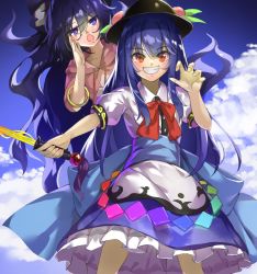 Rule 34 | 2girls, arm up, bangle, behind another, blue eyes, blue hair, blue sky, bow, bracelet, claw pose, cloud, commentary request, cowboy shot, day, drawstring, dress, eyes visible through hair, food, fruit, grin, hair bow, hand on own cheek, hand on own face, hat, hinanawi tenshi, hood, hood down, hoodie, jewelry, layered dress, leaf, long hair, looking at viewer, multiple girls, open mouth, outdoors, outstretched arm, peach, petticoat, pink hoodie, piyodesu, puffy short sleeves, puffy sleeves, red eyes, red neckwear, ribbon, short sleeves, sky, smile, standing, sword of hisou, touhou, very long hair, wing collar, yorigami shion