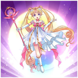 Rule 34 | 1990s (style), 1girl, adapted costume, bishoujo senshi sailor moon, blonde hair, boots, bow, brooch, crescent, crescent facial mark, crossed legs, double bun, dress, facial mark, forehead mark, full body, gloves, hair bun, hair ornament, hairpin, heart, heart brooch, jewelry, knee boots, koko (dollykiss911), long hair, magical girl, pink bow, puffy sleeves, purple eyes, red bow, retro artstyle, ribbon, sailor collar, sailor moon, see-through, solo, staff, standing, star-shaped pupils, star (symbol), symbol-shaped pupils, tiara, tsukino usagi, twintails, white gloves, white sailor collar