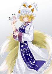 Rule 34 | 1girl, :/, animal hat, blonde hair, blush, bob cut, bow, bowtie, breasts, closed mouth, collar, commentary request, dress, fingernails, fox tail, frilled collar, frilled sleeves, frilled tabard, frills, from side, full body, hand up, hat, highres, holding, holding paper, kitsune, light blush, long sleeves, looking at viewer, medium breasts, mob cap, multiple tails, nekomata, paper, sarasadou dan, short hair, simple background, slit pupils, solo, standing, tabard, tail, tassel, touhou, unfinished dream of all living ghost, white background, white dress, wide sleeves, yakumo ran, yellow eyes