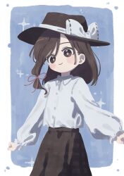 Rule 34 | 1girl, absurdres, black hat, black skirt, blush stickers, bow, brown eyes, brown hair, closed mouth, collared shirt, commentary, cowboy shot, hair between eyes, hair ribbon, hat, hat bow, highres, long sleeves, looking at viewer, medium hair, nama udon, red ribbon, ribbon, shirt, skirt, smile, solo, touhou, usami renko, white bow, white shirt