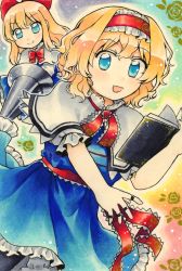 Rule 34 | 1girl, alice margatroid, arm up, arms up, belt, black pantyhose, blonde hair, blue background, blue dress, blue eyes, blush, book, bow, bowtie, capelet, closed mouth, commentary request, doll, dress, floral print, flower, flying, frills, green flower, green rose, hair between eyes, hair bow, hairband, hands up, highres, leaf, long hair, long sleeves, looking at viewer, looking to the side, maa (forsythia1729), multicolored background, open book, open mouth, orange background, pantyhose, pink background, puffy long sleeves, puffy short sleeves, puffy sleeves, purple background, red belt, red bow, red bowtie, red hairband, rose, rose print, shanghai doll, short hair, short sleeves, smile, solo, standing, touhou, weapon, white capelet, yellow background