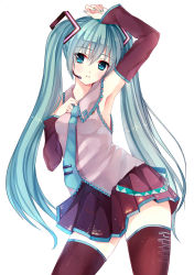 Rule 34 | 1girl, arm up, armpits, bad id, bad pixiv id, bai kongque, black thighhighs, blue eyes, blue hair, blue nails, detached sleeves, detail, hair ornament, hatsune miku, headset, long hair, looking at viewer, matching hair/eyes, nail polish, necktie, shirt, simple background, skirt, solo, thighhighs, twintails, very long hair, vocaloid, white background, zettai ryouiki