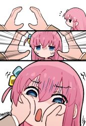 Rule 34 | 1girl, 3koma, aristol, artist name, blue eyes, bocchi the rock!, comic, cube hair ornament, emphasis lines, facing viewer, gotoh hitori, hair between eyes, hair ornament, hand on another&#039;s cheek, hand on another&#039;s face, one side up, pink hair, pov, pov hands, sidelocks, signature, snoot challenge, sweat