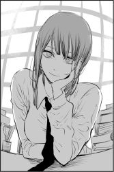 Rule 34 | 1girl, book, breasts, chainsaw man, collared shirt, formal, greyscale, hand on own chin, hand on own face, large breasts, long hair, looking at viewer, makima (chainsaw man), monochrome, necktie, shirt, smile, solo, third-party source, window, yokoyari mengo