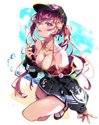 Rule 34 | 1girl, absurdres, anchor, badge, bare shoulders, baseball cap, bikini, bikini top only, black hat, black jacket, breasts, button badge, cleavage, collarbone, dolphin shorts, earrings, eyewear on headwear, full body, gold earrings, gold necklace, gold trim, hat, hayakawa harui, heart, heart-shaped eyewear, heart earrings, heart necklace, heterochromia, highres, hololive, houshou marine, houshou marine (summer), jacket, jewelry, large breasts, long hair, looking at viewer, nail polish, necklace, o-ring, o-ring thigh strap, off shoulder, official alternate costume, open mouth, outside border, pink nails, red bikini, red eyes, red hair, shorts, solo, sunglasses, swimsuit, teeth, thigh strap, tongue, tongue out, twintails, virtual youtuber, white shorts, yellow eyes