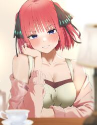 Rule 34 | 1girl, bare shoulders, blue eyes, blush, breasts, butterfly hair ornament, cardigan, cleavage, clenched teeth, cup, elbow rest, go-toubun no hanayome, green shirt, hair ornament, hand in own hair, head rest, highres, indoors, kakato 0, lamp, large breasts, long sleeves, looking at viewer, nakano nino, off shoulder, open cardigan, open clothes, pink cardigan, pink hair, shirt, short hair, smile, solo, t-shirt, table, teacup, teeth, upper body